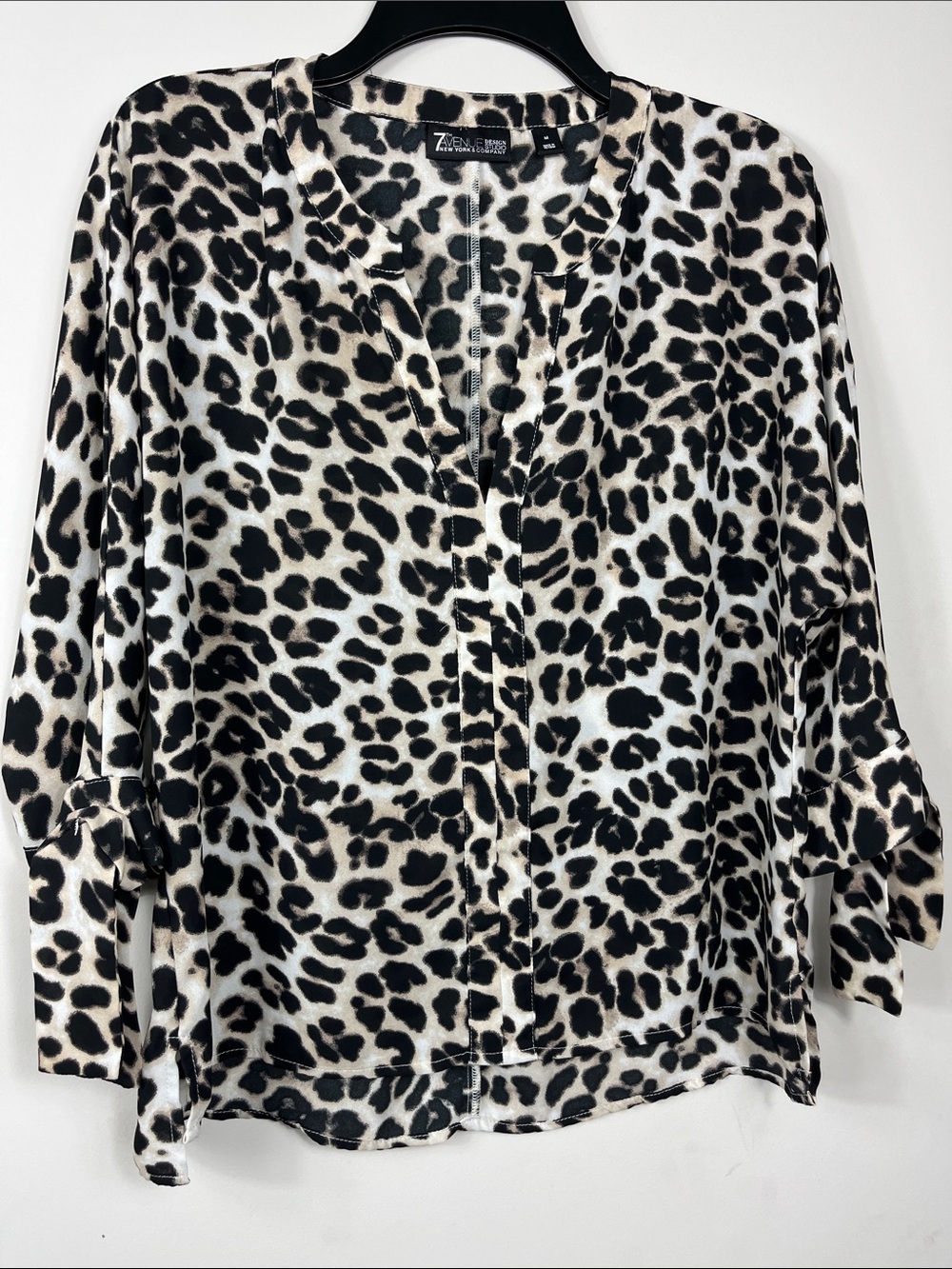 7th Avenue Design studio New York & Co  Leopard Print V-Neck Semi Sheer Hi Lo M
